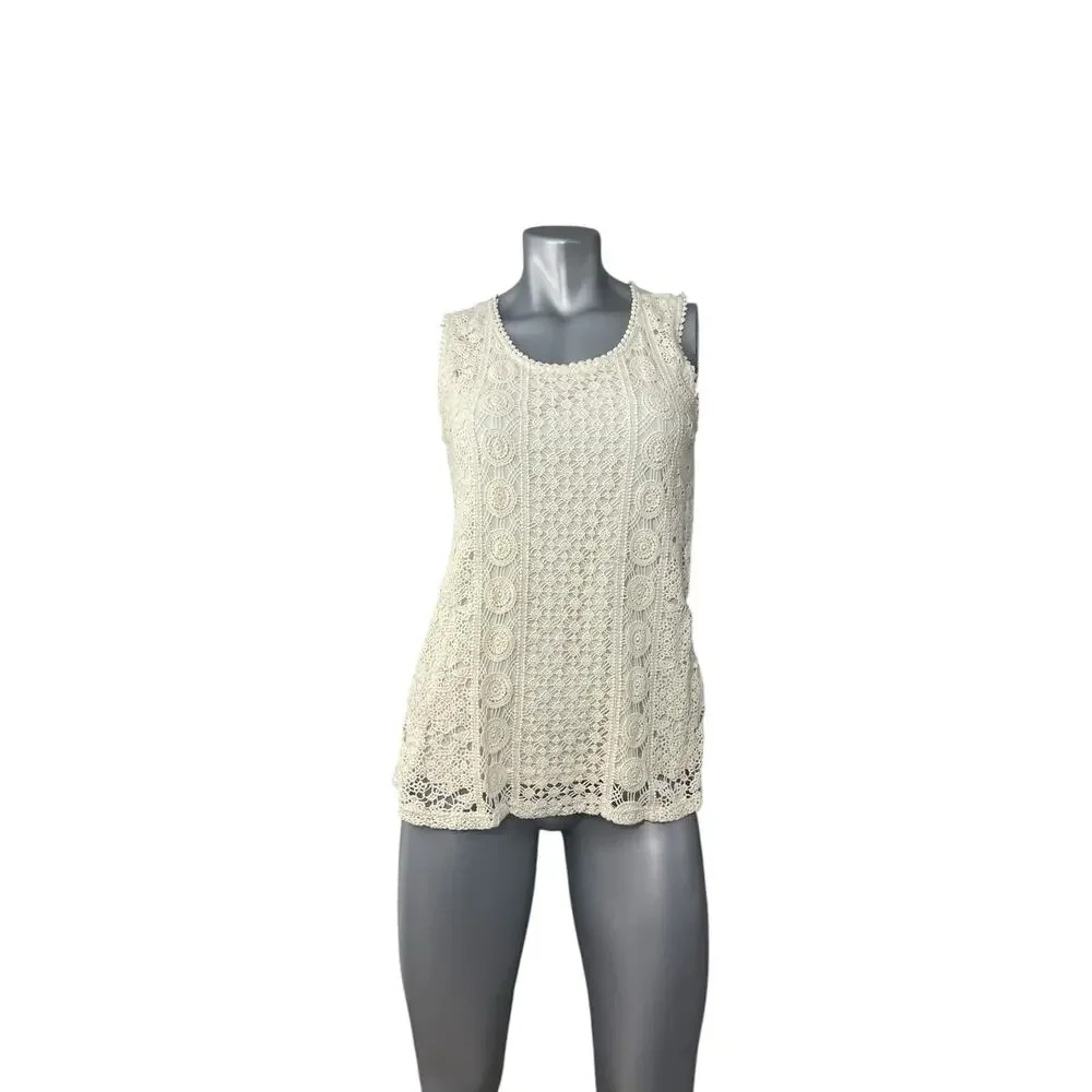 Solitaire Womens Ivory Cream Crochet Sleeveless Top Medium Tank Lace Cottage - Picture 6 of 11